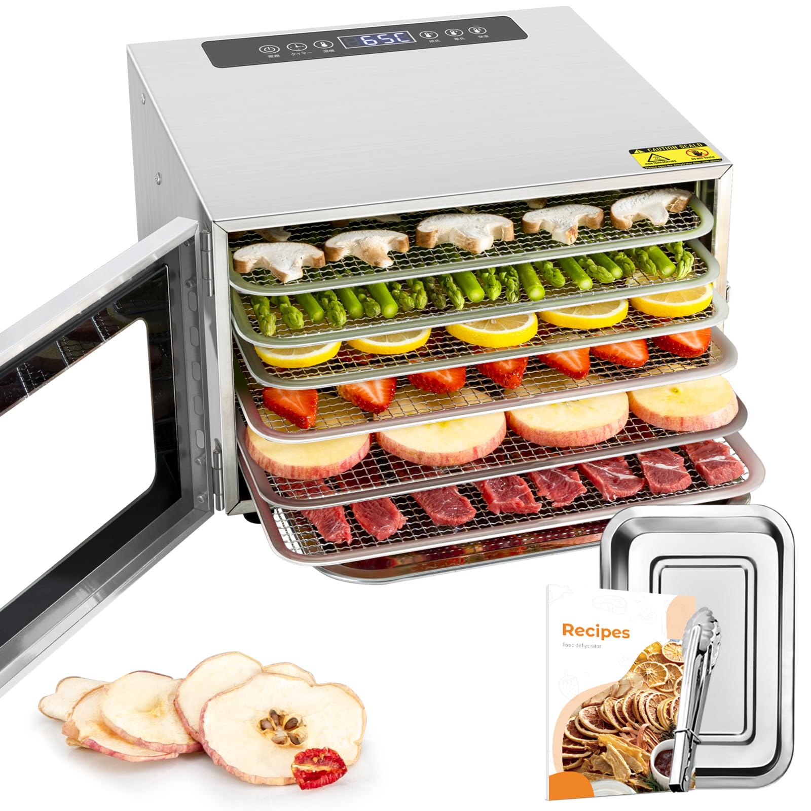 Kwasyo Dörrautomat Edelstahl DA 1000, XXL-Dörrfläche 1,8 m², Dörrgerät Temperatur einstellbar 30-90℃, LED-Display, 24 Std, BPA-frei, mit Rezeptheft, 10 Edelstahl-Dörrtabletts