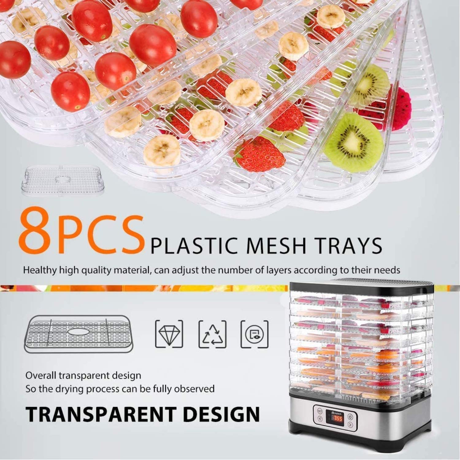 COOCHEER Dörrautomat Dehydrator Dörrapparat mit Temperaturregelung, 8 Etagen abnehmbare Dörrgerät, Temperaturregelung 35-70℃ für Fleisch, Fleisch, Früchte, Gemüse und Nüsse, 400W, BPA-frei